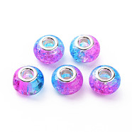 Crackle Two Tone Resin European Beads, Large Hole Beads, with Silver Tone Brass Double Cores, Rondelle, Orchid, 14x9.5mm, Hole: 5mm(X-RPDL-T003-06G)