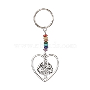 Heart Alloy Pendant Keychain, with Chakra Gemstone Chip and Iron Split Key Rings, Tree of Life, 7.4cm(KEYC-JKC00626-03)