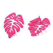 Spray Painted Iron Stud Earring Findings, with Horizontal Loops, Monstera Leaf, Deep Pink, 28.5x24mm, Hole: 1.4mm, Pin: 0.7mm(IFIN-N008-019-B01)