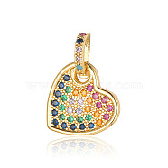 Brass Micro Pave Colorful Cubic Zirconia Pendants, Flat Round with Heart Charms, Real 18K Gold Plated, 24x17x1.8mm(ZIRC-OY002-01G)