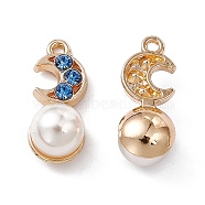 Alloy Rhinestone Pendants, with ABS Imitation Pearl Beads, Moon Charm, Golden, Sapphire, 19x8x8.5mm, Hole: 1.4mm(PALLOY-P287-18G-02)