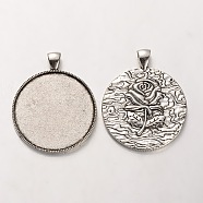 Tibetan Style Alloy Pendant Cabochon Settings, Cadmium Free & Lead Free, Flat Round with Rose Pattern, Antique Silver, 46x37x3mm, Hole: 5x7mm, Tray: 35mm, about 101pcs/kg(PALLOY-J494-35AS)