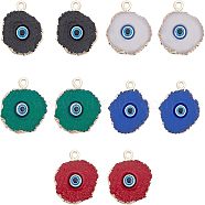 Druzy Resin Pendants, with Edge Light Gold Plated Iron Loops, Flat Round with Evil Eye, Mixed Color, 20~23x17~18x5mm, Hole: 1.8mm, 10pcs/box(RESI-FH0001-13LG)