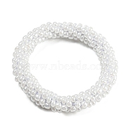 Crochet Glass Beads Braided Stretch Bracelet, Nepel Boho Style Bracelet, White, Inner Diameter: 1-3/4 inch(4.5cm)(BJEW-K232-01E)