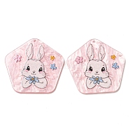 Opaque Acrylic Pendants, Pentagon with Rabbit, Pink, 38x40x2.5mm, Hole: 1.6mm(BACR-D002-03)