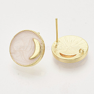 Brass Stud Earring Findings, with Enamel and Loop, Flat Round with Moon, Real 18K Gold Plated, Nickel Free, Bisque, 14x4mm, Hole: 1mm, Pin: 1mm(KK-N216-37G-04-NF)