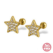 Star 925 Sterling Silver Stud Earrings, with Cubic Zirconia, Golden, 12mm(MB4545-1)