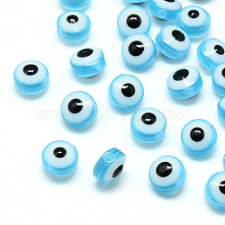 Resin Beads, Flat Round, Evil Eye, Light Sky Blue, 7.5~8x5~6mm, Hole: 1.8~2mm(X-RESI-S339-6x8-10)