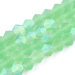 Imitate Austrian Crystal Bicone Frosted Glass Beads Strands, Grade AA, Faceted, Light Green, 3x2.5mm, Hole: 0.7mm, about 145~150pcs/strand, 16.34~16.54 inch(41.5~42cm)(EGLA-A039-T2mm-MB24)