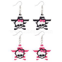 ANATTASOUL 2 Pairs 2 Colors Resin Star with Skull Dangle Earrings, Halloween Alloy Long Drop Earrings for Women, Mixed Color, 60mm, Pin: 0.6mm, 1 Pair/color(EJEW-AN0002-45)