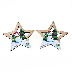 Christmas Theme Single-Sided Printed Wood Big Pendants, Star with Snowman, Green, 105x109x2.5mm, Hole: 2.5mm(WOOD-N005-63)