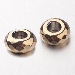 Electroplate Non-magnetic Synthetic Hematite European Beads, Faceted, Large Hole Rondelle Beads, Golden Plated, 14x6mm, Hole: 6mm(G-F300-53-03)