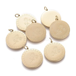 Ion Plating(IP) 304 Stainless Steel Pendants, with Jump Rings, Flat Round with Flower & Bees, Golden, 21.5x20x1.7mm, Hole: 3.2mm(STAS-I164-008G)