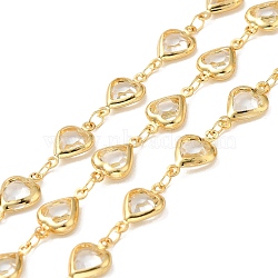 Heart Handmade Brass Glass Link Chains, Real 18K Gold Plated, Soldered, with Spool, Cadmium Free & Lead Free, Clear, 12.5x7.5x2.5mm(CHC-M024-04G-03)