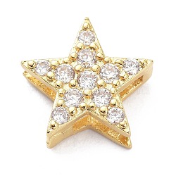 Brass Micro Pave Clear Cubic Zirconia Slide Charms, Star, Golden, 12x12.5x4.5mm, Hole: 8x1.5mm and 3x2mm(ZIRC-P085-03G)