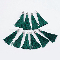 Nylon Tassels Big Pendant Decorations, with Antique Silver Alloy Findings, Sea Green, 55~67x7mm, Hole: 2mm(STAS-F142-07P)