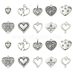 60Pcs 10 Styles Tibetan Style Alloy Pendants, Hollow, Heart Charns, Antique Silver, 12~20x9~19.5x2mm, Hole: 1.6mm, 6pcs/style(FIND-FS0002-20)