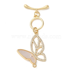 Brass Micro Pave Clear Cubic Zirconia Toggle Clasps, with Shell, Butterfly, Real 18K Gold Plated, Bar: 8x18x3mm, Hole: 1.5mm, Butterfly: 40.5mm, Hole: 1.3mm(KK-N254-86G)