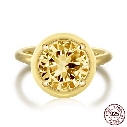 925 Sterling Silver Rings, Birthstone Ring, Real 18K Gold Plated, with Enamel & Cubic Zirconia for Women, Flat Round, Yellow, 1.8mm, US Size 7(17.3mm)(RJEW-A019-44B-03G)