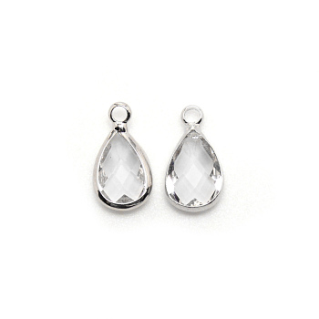 Faceted Glass Pendants, with Brass Findings, April Birthstone Pendant, Teardrop, Platinum, Clear, 13.5x7.5x4mm, Hole: 1.6mm