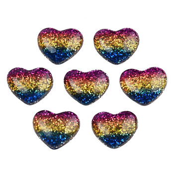 Resin Cabochons, with Glitter Powder, Heart, Colorful, 13.5x16x4.5mm