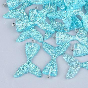 Resin Pendants, with Glitter Powder and Iron Findings, Mermaid Tail Shape, Platinum, Sky Blue, 46x30x6mm, Hole: 2mm