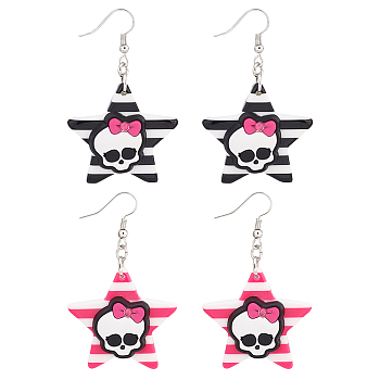 ANATTASOUL 2 Pairs 2 Colors Resin Star with Skull Dangle Earrings, Halloween Alloy Long Drop Earrings for Women, Mixed Color, 60mm, Pin: 0.6mm, 1 Pair/color