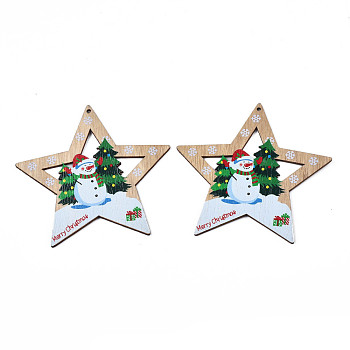 Christmas Theme Single-Sided Printed Wood Big Pendants, Star with Snowman, Green, 105x109x2.5mm, Hole: 2.5mm