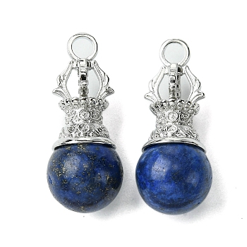 Natural Lapis Lazuli Pendants, Round Pendants, Bulb Charms with Rack Plating Platinum Plated Brass Deer Horn, Cadmium Free & Lead Free, Cadmium Free & Lead Free, 39~40x16~16.5mm, Hole: 4.5mm
