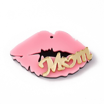 Mother's Day Acrylic Pendants, Lip with Word Mom Charms, Pink, 26x44.5x5.8mm, Hole: 1.6mm