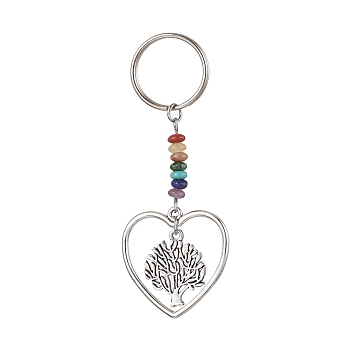 Heart Alloy Pendant Keychain, with Chakra Gemstone Chip and Iron Split Key Rings, Tree of Life, 7.4cm