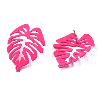 Spray Painted Iron Stud Earring Findings, with Horizontal Loops, Monstera Leaf, Deep Pink, 28.5x24mm, Hole: 1.4mm, Pin: 0.7mm