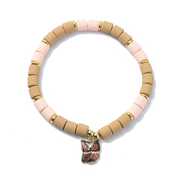 Polymer Clay Column Beaded Stretch Bracelets, with Alloy Owl Charms, Coconut Brown, Inner Diameter: 2-1/4 inch(5.7cm)