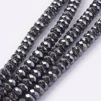 Non-magnetic Synthetic Hematite Beads Strands, Faceted, Rondelle, 6x3mm, Hole: 1mm, about 121pcs/strand, 15.3 inch