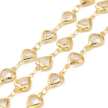 Heart Handmade Brass Glass Link Chains, Real 18K Gold Plated, Soldered, with Spool, Cadmium Free & Lead Free, Clear, 12.5x7.5x2.5mm