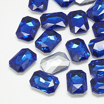 Pointed Back Glass Rhinestone Cabochons, Faceted, Rectangle Octagon, Sapphire, 10x8x3.5mm
