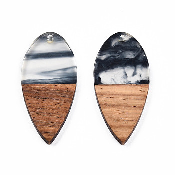 Transparent Resin & Walnut Wood Pendants, Teardrop Shape Charm, Black, 38x18x3mm, Hole: 2mm
