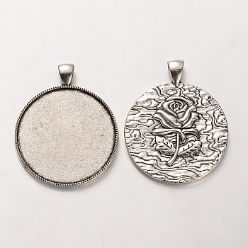 Tibetan Style Alloy Pendant Cabochon Settings, Cadmium Free & Lead Free, Flat Round with Rose Pattern, Antique Silver, 46x37x3mm, Hole: 5x7mm, Tray: 35mm, about 101pcs/kg