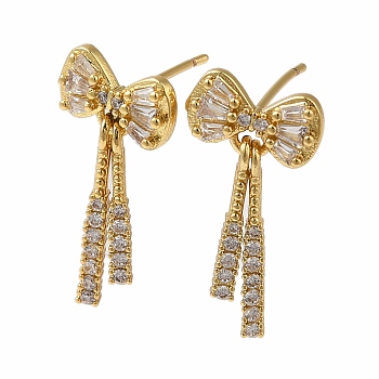 Rack Plating Bowknot Brass Stud Earrings, Cubic Zirconia Dangle Earrings for Women, Long-Lasting, Lead Free & Cadmium Free, Real 18K Gold Plated, 21.5x10.5mm