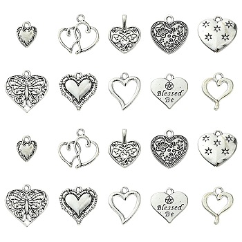 60Pcs 10 Styles Tibetan Style Alloy Pendants, Hollow, Heart Charns, Antique Silver, 12~20x9~19.5x2mm, Hole: 1.6mm, 6pcs/style