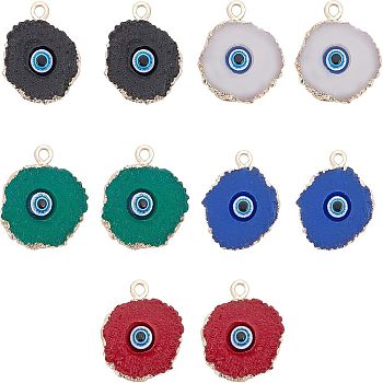 Druzy Resin Pendants, with Edge Light Gold Plated Iron Loops, Flat Round with Evil Eye, Mixed Color, 20~23x17~18x5mm, Hole: 1.8mm, 10pcs/box