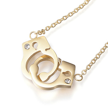 304 Stainless Steel Pendant Necklaces, with Rhinestone, Handcuffs, Golden, 17.32 inch(44cm)