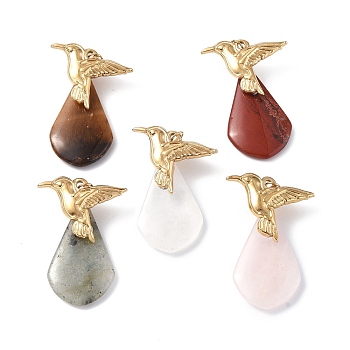 Natural Mixed Gemstone Pendants, Teardrop Charms, with Ion Plating(IP) Golden Tone 304 Stainless Steel Bird Findings, 38~38.5x24.5~25x8.5~9mm, Hole: 3mm