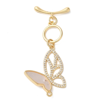 Brass Micro Pave Clear Cubic Zirconia Toggle Clasps, with Shell, Butterfly, Real 18K Gold Plated, Bar: 8x18x3mm, Hole: 1.5mm, Butterfly: 40.5mm, Hole: 1.3mm