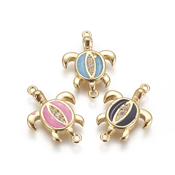 Brass Enamel Links connectors, with Cubic Zirconia, Sea Turtle, Golden, Mixed Color, 19.5x13.5x3mm, Hole: 1mm