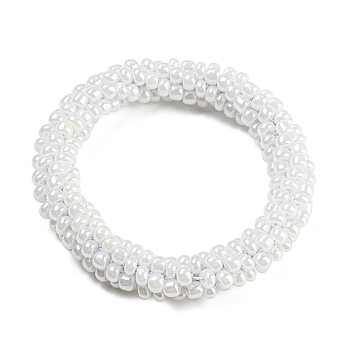 Crochet Glass Beads Braided Stretch Bracelet, Nepel Boho Style Bracelet, White, Inner Diameter: 1-3/4 inch(4.5cm)