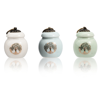 3Pcs 3 Colors Tree of Life Pattern Mini Porcelain Urn for Human Pet Ashes, Small Cremation Urn, Memorial Keepsake Ash Holder, with Iron Pull Ring, Mixed Color, 6.6cm, Capacity: 15ml(0.51fl. oz), 1pc/color