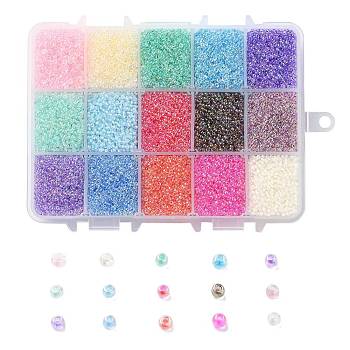 375G 15 Colors 12/0 Grade A Round Glass Seed Beads, Transparent Inside Colours, AB Color Plated, Mixed Color, 2.3x1.5mm, Hole: 1mm, 25g/color, about 15000pcs/box