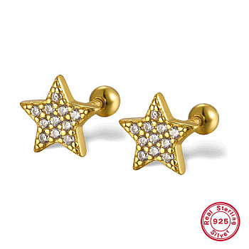 Star 925 Sterling Silver Stud Earrings, with Cubic Zirconia, Golden, 12mm