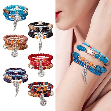 5 pièces 5 style bois et verre graine et acrylique perlé bracelets extensibles sertis de baseball(JB709A)-5